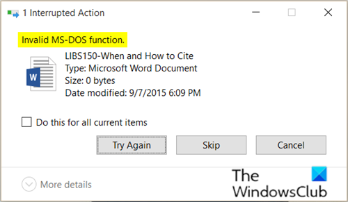 Исправить ошибку недопустимого файла функции MS-DOS в Windows 10