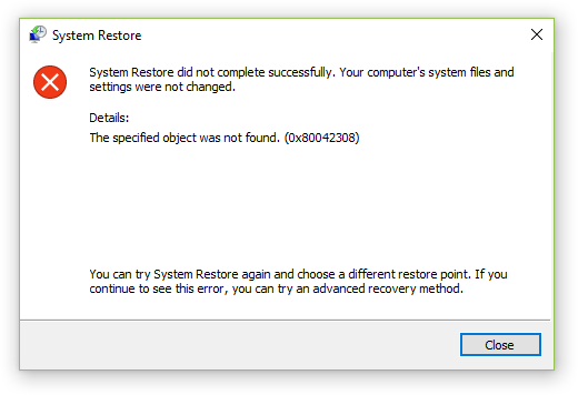 Посоченият обект не е намерен (0x80042308) Грешка при възстановяване на системата