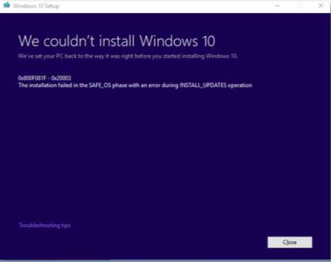 Грешка в актуализацията на Windows 10 0x800F081F - 0x20003