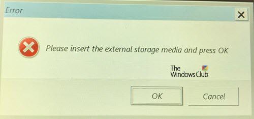 Veuillez insérer le support de stockage externe et appuyez sur le message OK lors de la mise à niveau de Windows 10