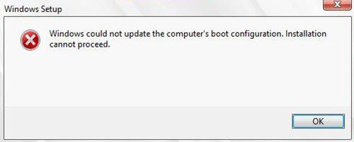 Windows n'a pas pu mettre à jour la configuration de démarrage de l'ordinateur. L'installation ne peut pas continuer