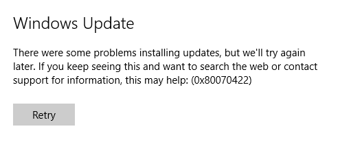 Parandage Windows Update'i tõrge 0x80070422