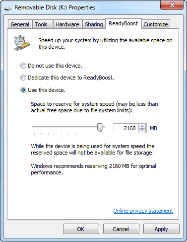 Readyboost dans Windows 10