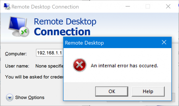 May naganap na panloob na error habang kumokonekta sa remote na desktop