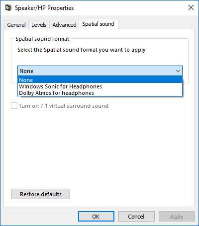 iespējot Windows Sonic telpisko skaņu operētājsistēmā Windows 10
