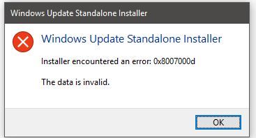 Izvanmrežni instalacijski program Windows Update naišao je na pogrešku 0x8007000d, Podaci nisu važeći