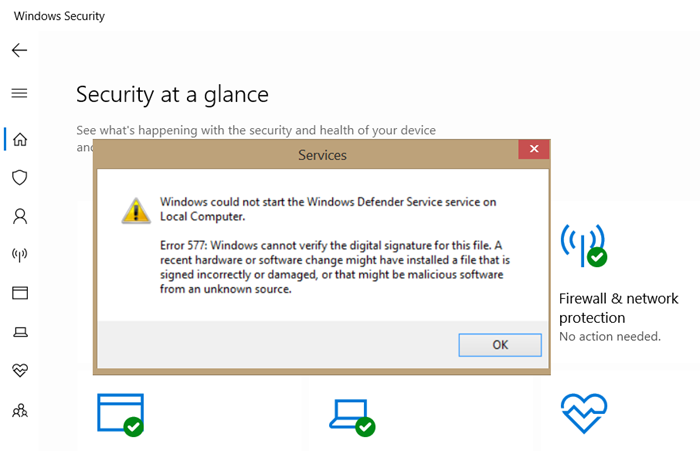 Windows Defender kļūda 577, nevar pārbaudīt ciparparakstu