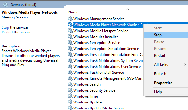 Storitev skupne rabe omrežja Windows Media Player Onemogoči