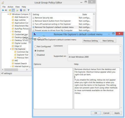Windows फ़ाइल एक्सप्लोरर में राइट-क्लिक संदर्भ मेनू को सक्षम या अक्षम करें