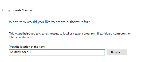 Crea un collegamento per uscire da Windows 10