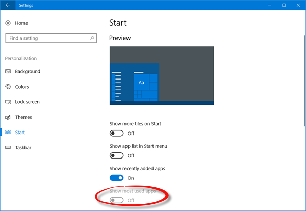 Le paramètre Afficher les applications les plus utilisées est désactivé ou grisé dans Windows 10