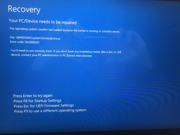 Le noyau Windows 10 est manquant - Erreur 0xc0000221