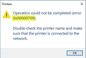 Mēģinot savienot printeri sistēmā Windows 10, rodas kļūda 0x00000709