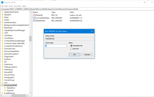 Désactiver le mode tablette via le registre Windows 10