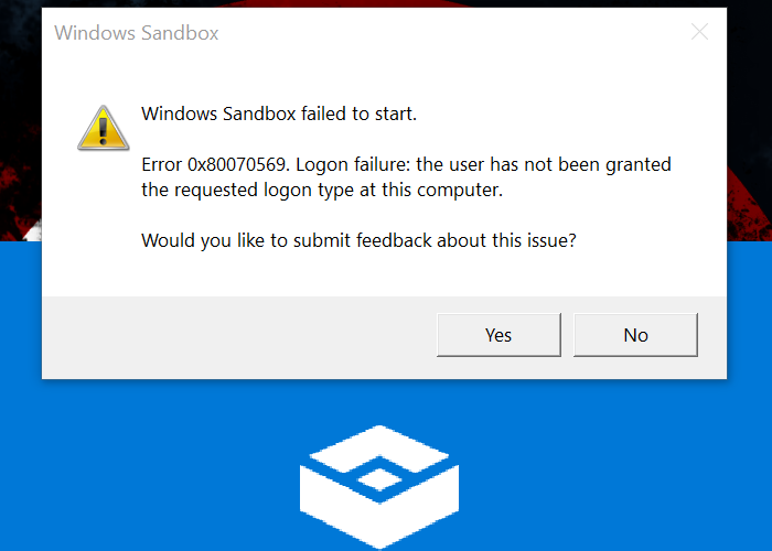 Windows Sandbox не успя да стартира, грешка 0x80070569