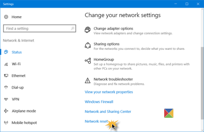 tīkla atiestatīšana operētājsistēmā Windows 10