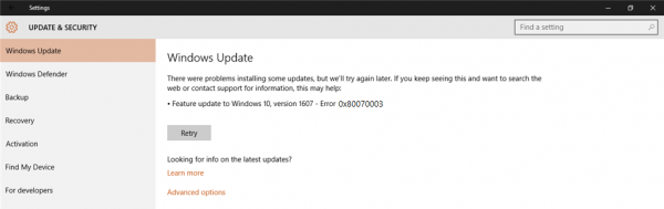 Erreur de mise à jour Windows 0x80070003 sous Windows 10