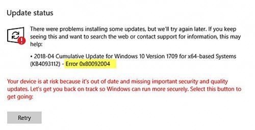 Corregiu l'error de Windows Update 0x80092004