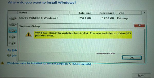 Windows nevar instalēt šajā diskā. Atlasītais disks ir GPT nodalījuma stilā