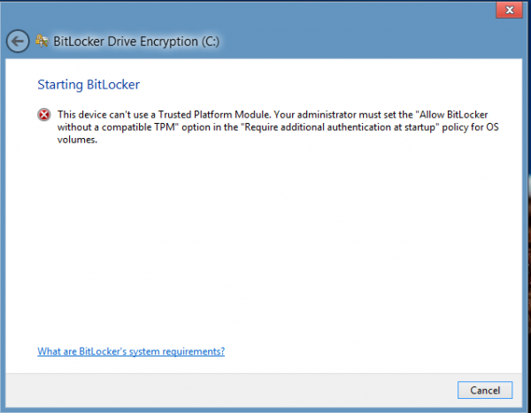 Peranti ini tidak boleh menggunakan ralat Modul Platform Dipercayai semasa memulakan BitLocker.