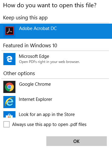 Kumoa tai nollaa Käytä aina tätä sovellusta tiedostojen avaamiseen Windows 10: ssä