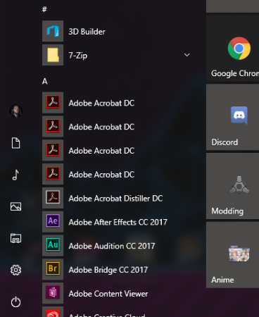 Podvojene ikone programa v meniju Start Windows 10