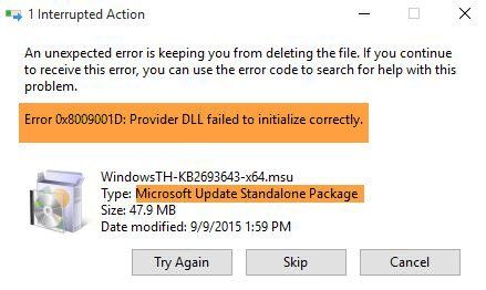 Chyba služby Windows Update 0x8009001D
