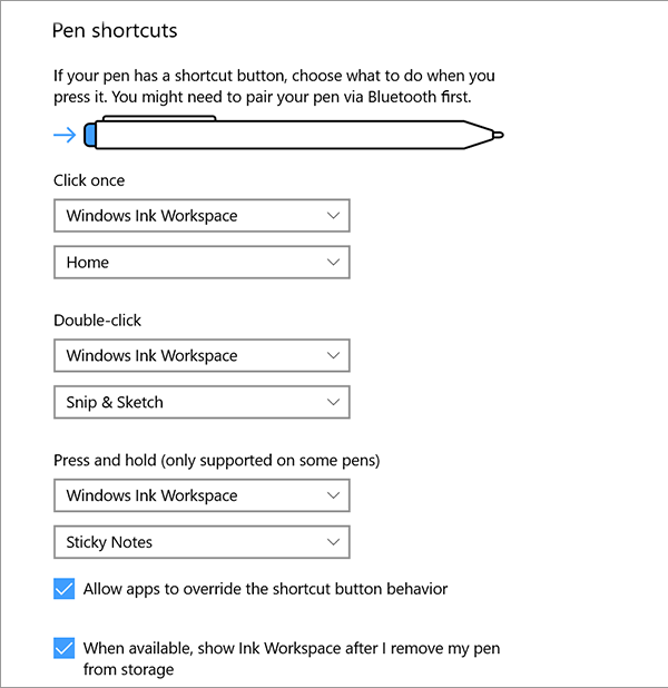 Configurer les paramètres du stylet et de l'espace de travail Windows Ink dans Windows 10