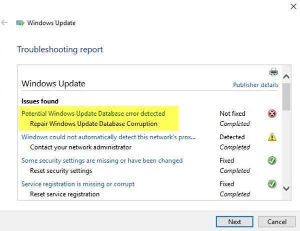Erreur de base de données Windows Update potentielle détectée dans Windows 10