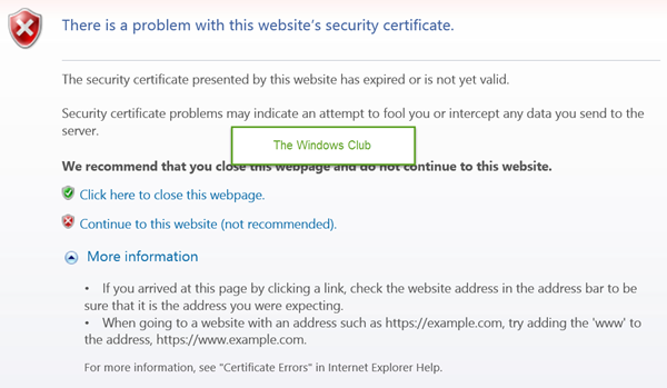 Коригиране: Има проблем със съобщението за сертификат за сигурност на този уебсайт в Windows10