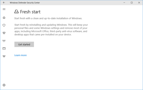 Nuevo comienzo en Windows 10