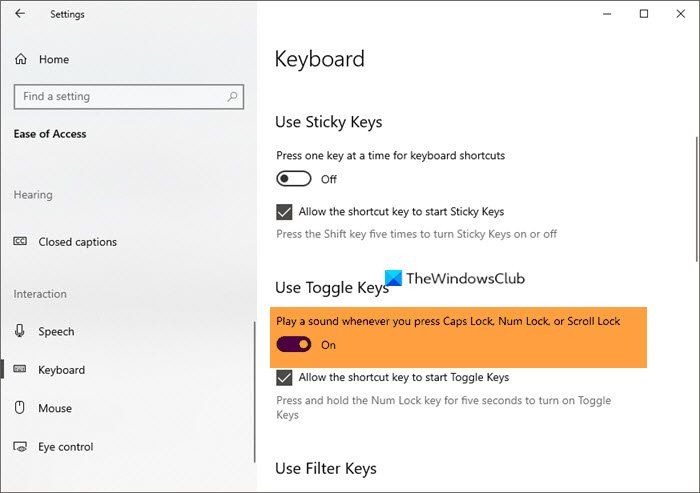 Windows 10'da Caps Lock, Num Lock veya Scroll Lock uyarısını etkinleştirin