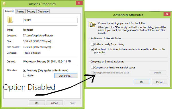 Salaa sisältö suojaamaan tietoja -vaihtoehto on poistettu käytöstä Windows 10: ssä