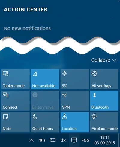 Ilmoitus- ja toimintakeskuksen poistaminen käytöstä Windows 10: ssä