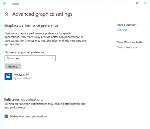 Optimalisatie op volledig scherm in- of uitschakelen in Windows 10