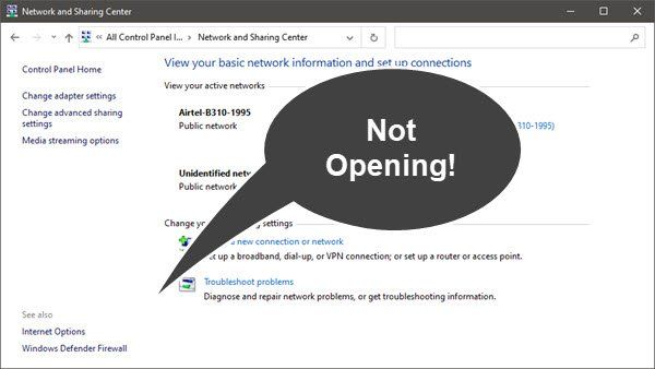 Windows 10에서 네트워크 및 공유 센터가 열리지 않음