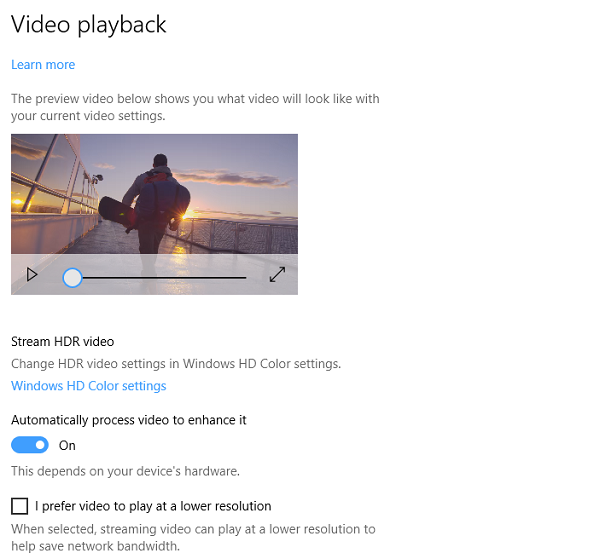 Настройки за възпроизвеждане на видео в Windows 10