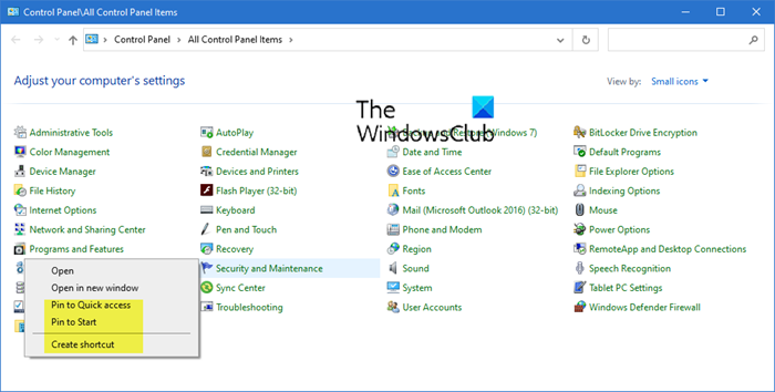 Créer un raccourci pour les applets du panneau de configuration dans Windows 10