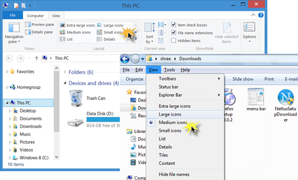 Преоразмерете иконите на работния плот или бързо променете вида на изгледа на Explorer в Windows 10