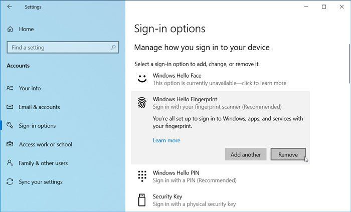 Comment supprimer l'empreinte digitale de Windows Hello dans Windows 10