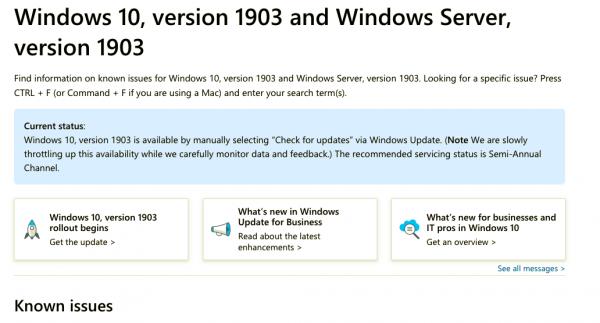 Problèmes connus avec la mise à jour de mai 2019 de Windows 10 v1903