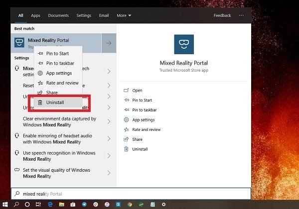 Mixed Reality Portal -sovelluksen poistaminen Windows 10: ssä