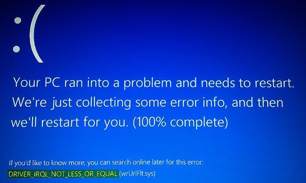L'IRQL DEL CONDUCTOR NO ÉS INFERIOR O IGUAL, 0x000000D1, error d'aturada a Windows 10