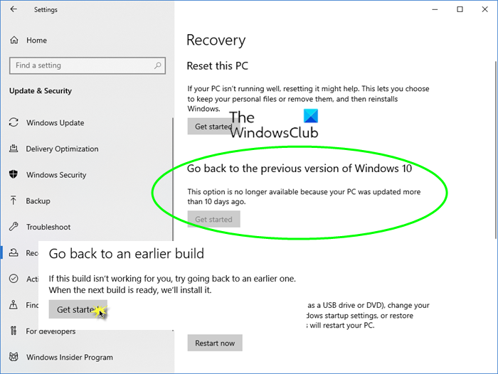 Kuidas minna tagasi Windows 10 varasema ehituse või eelmise versiooni juurde