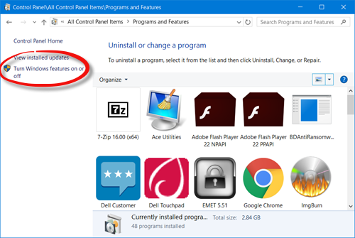 Управление на Windows 10 незадължителни функции; Включване или изключване на функции на Уиндоус