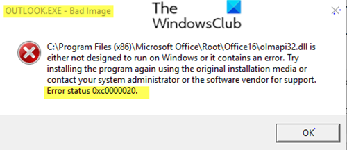 Dålig bild, felstatus 0xc0000020 på Windows 10