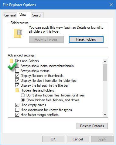Ota pikkukuvien esikatselu käyttöön tai poista se käytöstä Windows 10 File Explorerissa