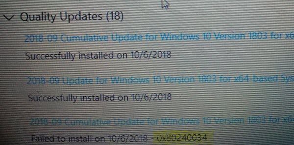 Windows Update'i parandamine ebaõnnestus tõrke 0x80240034 installimine
