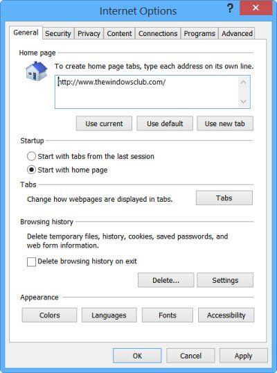 Windows 10'da Internet Explorer Giriş Sayfası nasıl kilitlenir
