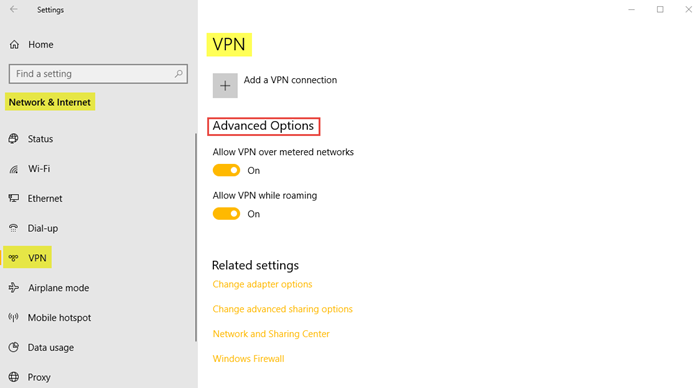 Mga setting ng network at Internet sa Windows 10